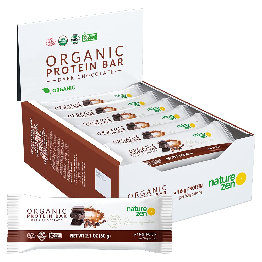 Organic Protein Bars from Nature Zen, Chocolate, High protein snack, 16g protein, High in fibers, certified vegan, No artificial flavor, Nut Free, Soy free, Gluten Free, dairy free, 60g, 12 bars per box