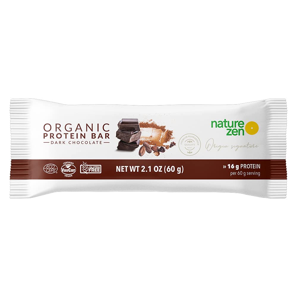 Organic Protein Bars from Nature Zen, Chocolate, High protein snack, 16g protein, High in fibers, certified vegan, No artificial flavor, Nut Free, Soy free, Gluten Free, dairy free, 60g, 12 bars per box