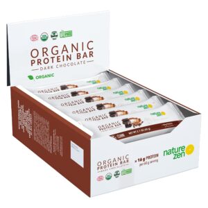 Organic Protein Bars from Nature Zen, Chocolate, High protein snack, 16g protein, High in fibers, certified vegan, No artificial flavor, Nut Free, Soy free, Gluten Free, dairy free, 60g, 12 bars per box