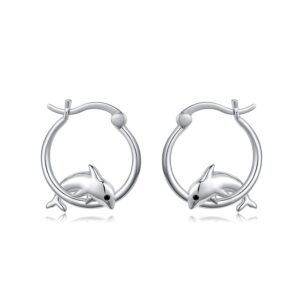 Dolphin Earrings for Women 925 Sterling Silver Dolphin Hoop Earrings Sea Animal Huggie Hoop Earring for Sensitive Ears Dolphin Ocean Jewelry Gifts for Daughter