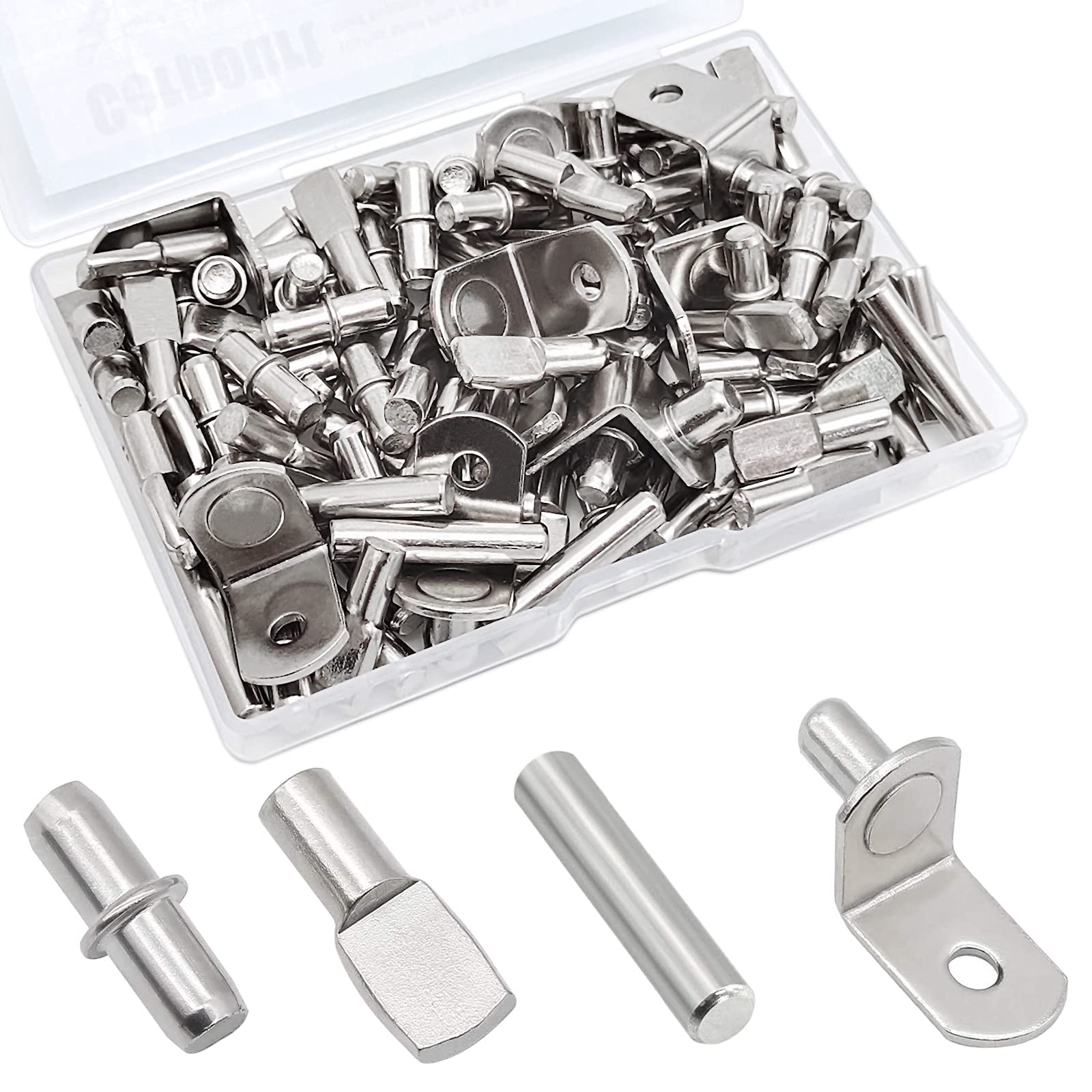 104Pcs Shelf Pins Kit,4 Styles Nickel Plated Shelf Support Pegs,Bookshelf Pegs for Shelves,Cabinet Shelf Bracket Pegs Shelf Pins Holders for Kitchen Furniture & Closet ( 5mm & 1/4inch )