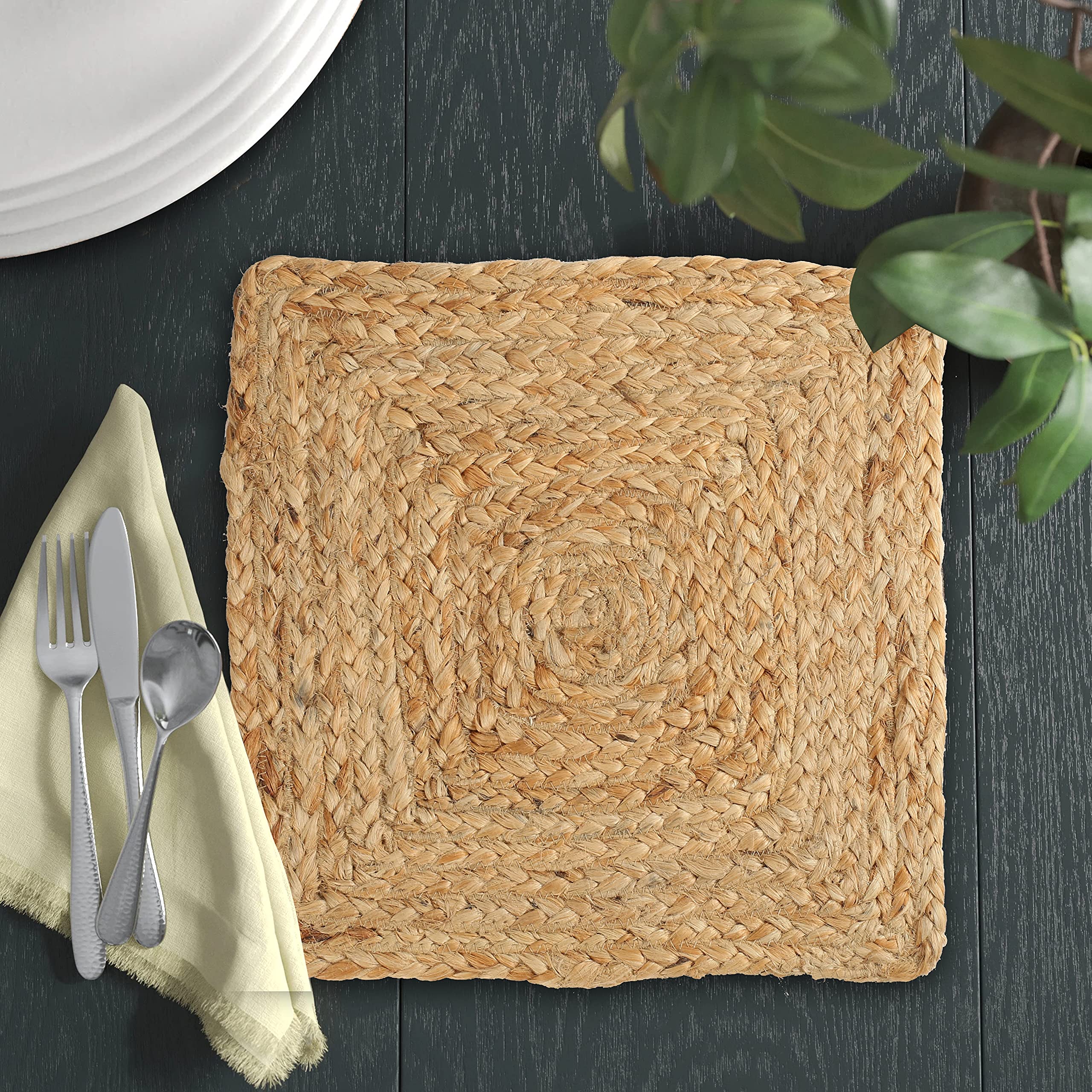 Natural Jute Placemat Set of 4 - Square 13 Inch Decorative Reversible Braided Hand Woven Charger for Dinner Table Décor Farmhouse Christmas Wedding Family Gathering Party and Everyday Use