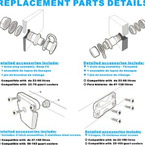 Cooler Replacement Parts Kit, Ice Chest Plastic Hinges, Latch Posts, and Screws, Threaded, and Triple-Snap Drain Plug. The best option for repairing and replacing multiple cooler parts.