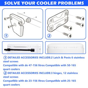 Cooler Hinge and Latch and Screws Kit, High Strength Cooler Latch Replacement Parts. Ice Chest Plastic Hinges, Latch Posts, and Screws, The Best Option for Repairing and Replacing Cooler Parts.