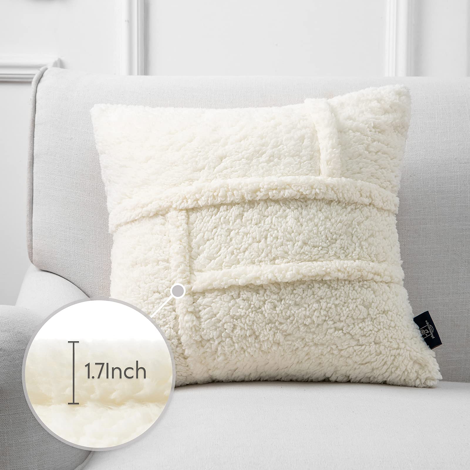 Phantoscope Pack of 2 Sherpa Throw Decorative Pillow Cover Decorative Faux Fur Fluffy Cushion Cases Soft Square Pillow Cases for Bedroom/Couch, Off-White, Print, 18 x 18 Inches