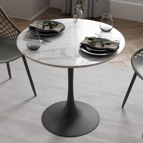 Jamesdar Kurv Kitchen Table, 31.5", White Faux Marble with Black Base