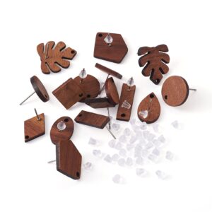 Pandahall 16 Pairs Wood Stud Earring Findings with Hole Flat Round Oval Teardrop Rhombus Wood Stud Earring with Ear Nuts for DIY Wooden Earrings Making