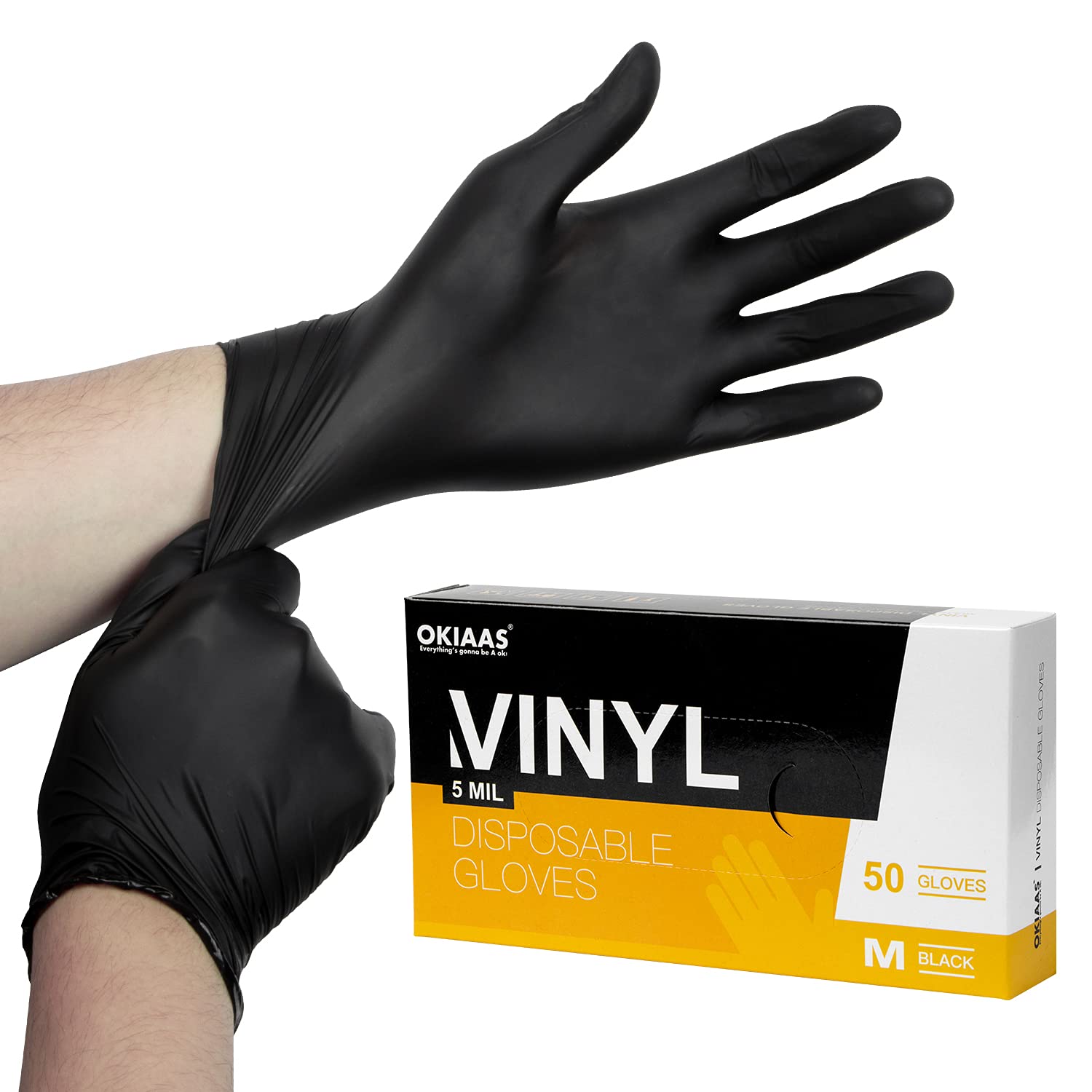 OKIAAS Black Disposable Gloves Large, Vinyl Gloves Disposable Latex Free, 5 mil, 100 Count, for Food Prep, Household Cleaning, Hair Dye, Tattoo