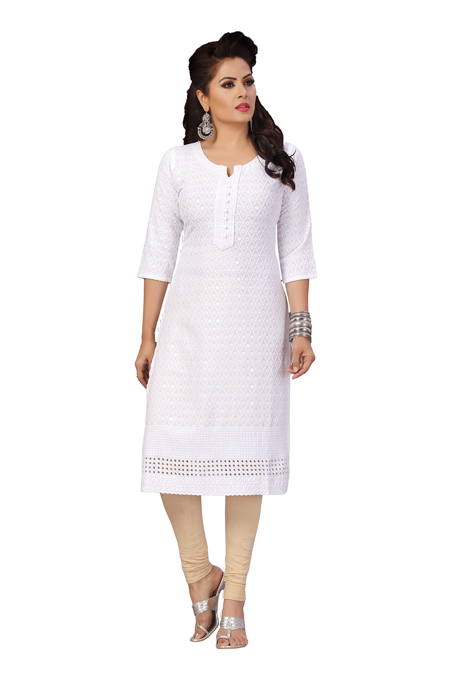 ladyline Rayon Hakoba Chikhan Embroidery & Sequins work Kurti for Womens Tunic Top Indian Kurta (White, Size-46)