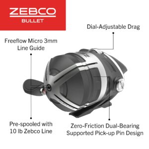 Zebco Bullet Spincast Fishing Reel, Size 30 Reel, Fast 29.6 Inches Per Turn, GripEm All-Weather Handle Knobs, Pre-Spooled with 10-Pound Zebco Fishing Line, Black