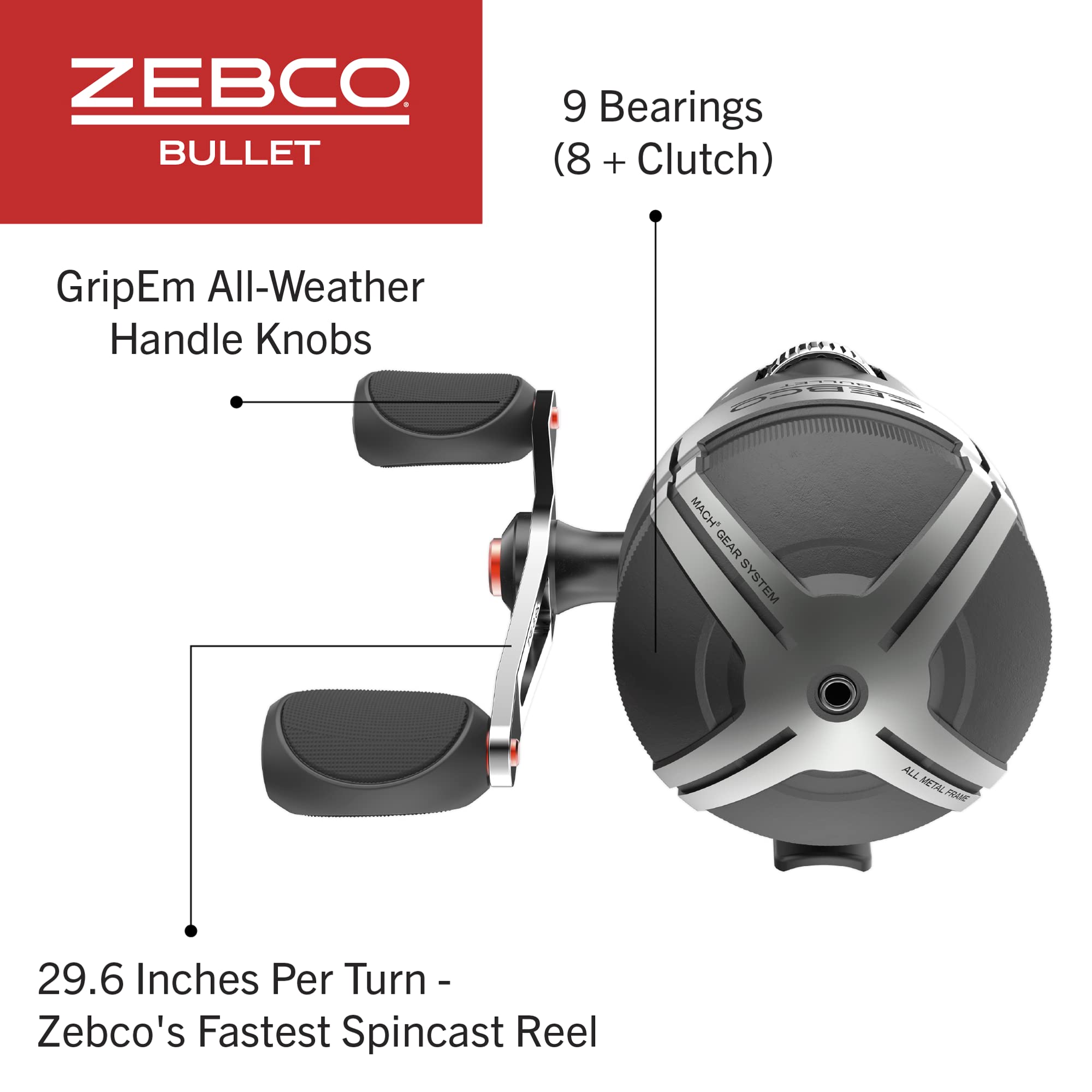 Zebco Bullet Spincast Fishing Reel, Size 30 Reel, Fast 29.6 Inches Per Turn, GripEm All-Weather Handle Knobs, Pre-Spooled with 10-Pound Zebco Fishing Line, Black