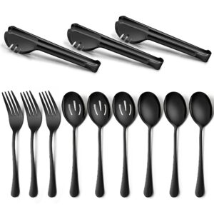 homikit stainless steel 3 large serving spoons, 3 slotted serving spoons, 3 serving forks, 3 serving tongs, 12pcs black metal catering banquet buffet serving utensils, mirror polished, dishwasher safe