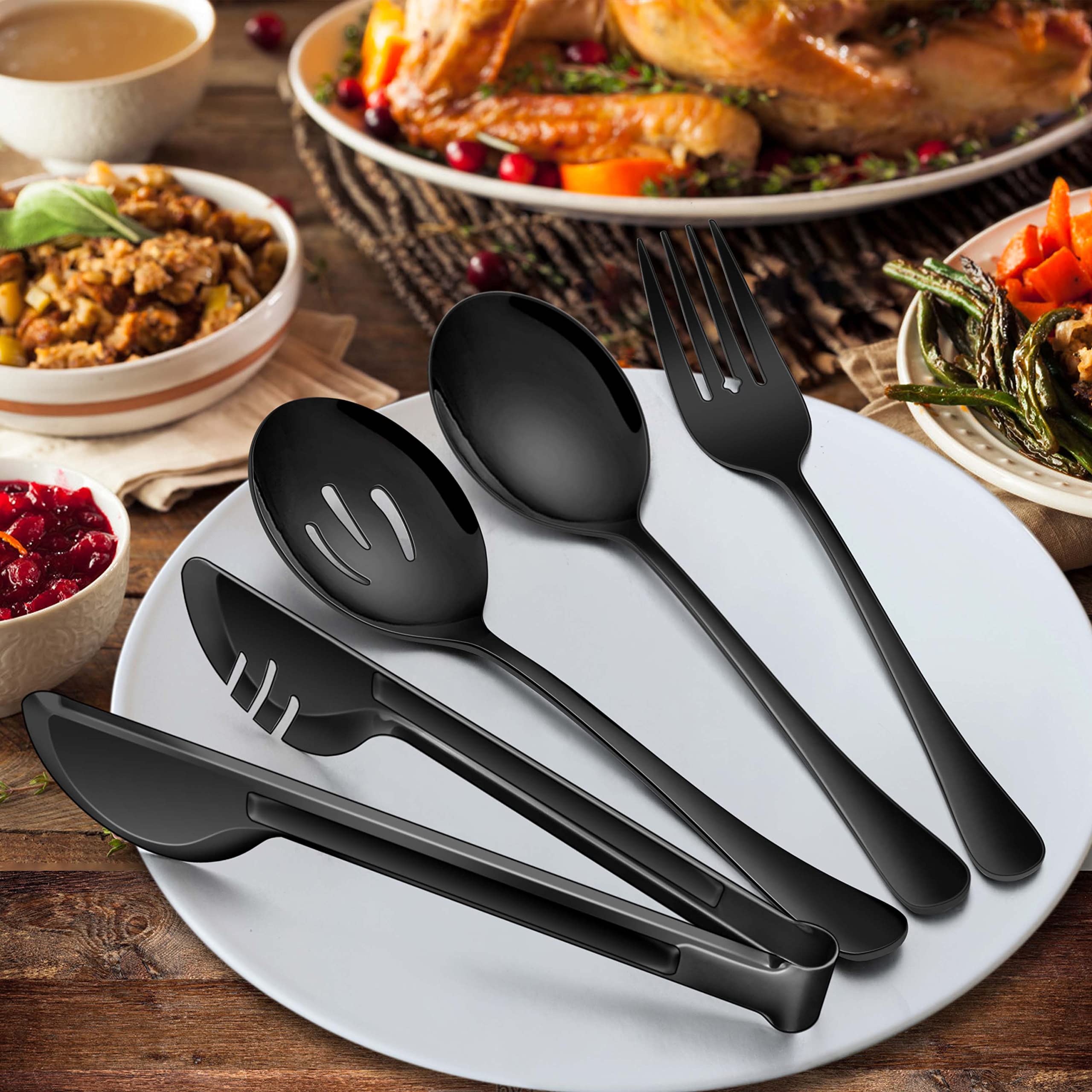 Homikit Stainless Steel 3 Large Serving Spoons, 3 Slotted Serving Spoons, 3 Serving Forks, 3 Serving Tongs, 12Pcs Black Metal Catering Banquet Buffet Serving Utensils, Mirror Polished, Dishwasher Safe