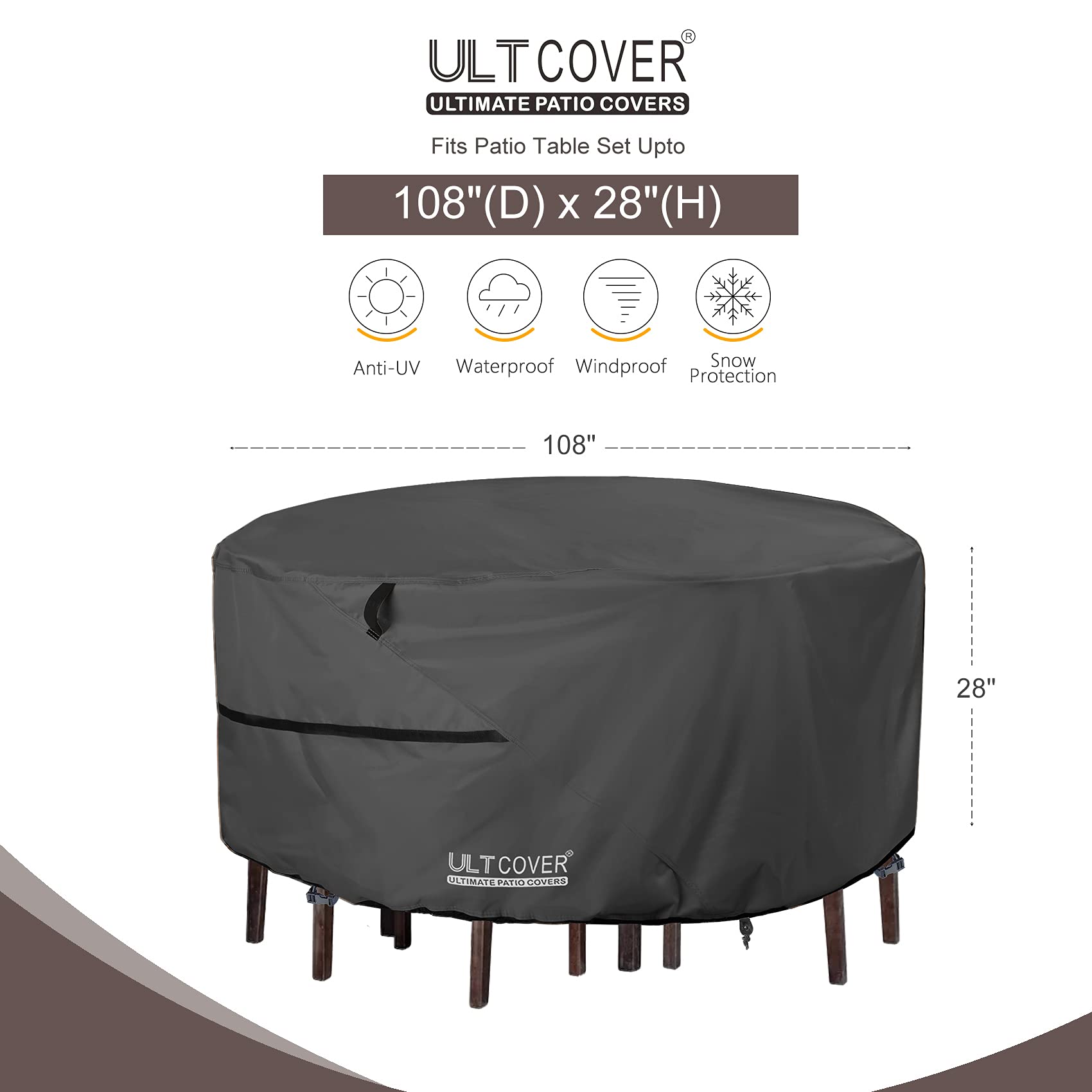 ULTCOVER Round Patio Furniture Cover - Outdoor Waterproof Table with Chair Set Cover 108 inch, Black