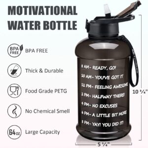 Fimibuke Half Gallon Water Bottle with Sleeve 64 OZ Water Bottle with Handle & Straw Leakproof Motivational Sports Gym Water Bottle with Time Marker BPA Free Water Jug with Neoprene Holder - Black