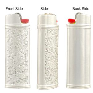 Lucklybestseller Metal Lighter Case Cover Holder Vintage Floral Stamped for BIC Full Size Lighter J6 (White Gold)