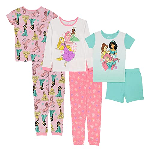 Disney Girls' Princess 6-Piece Snug-Fit Cotton Pajamas Set, DREAM BIG, 6