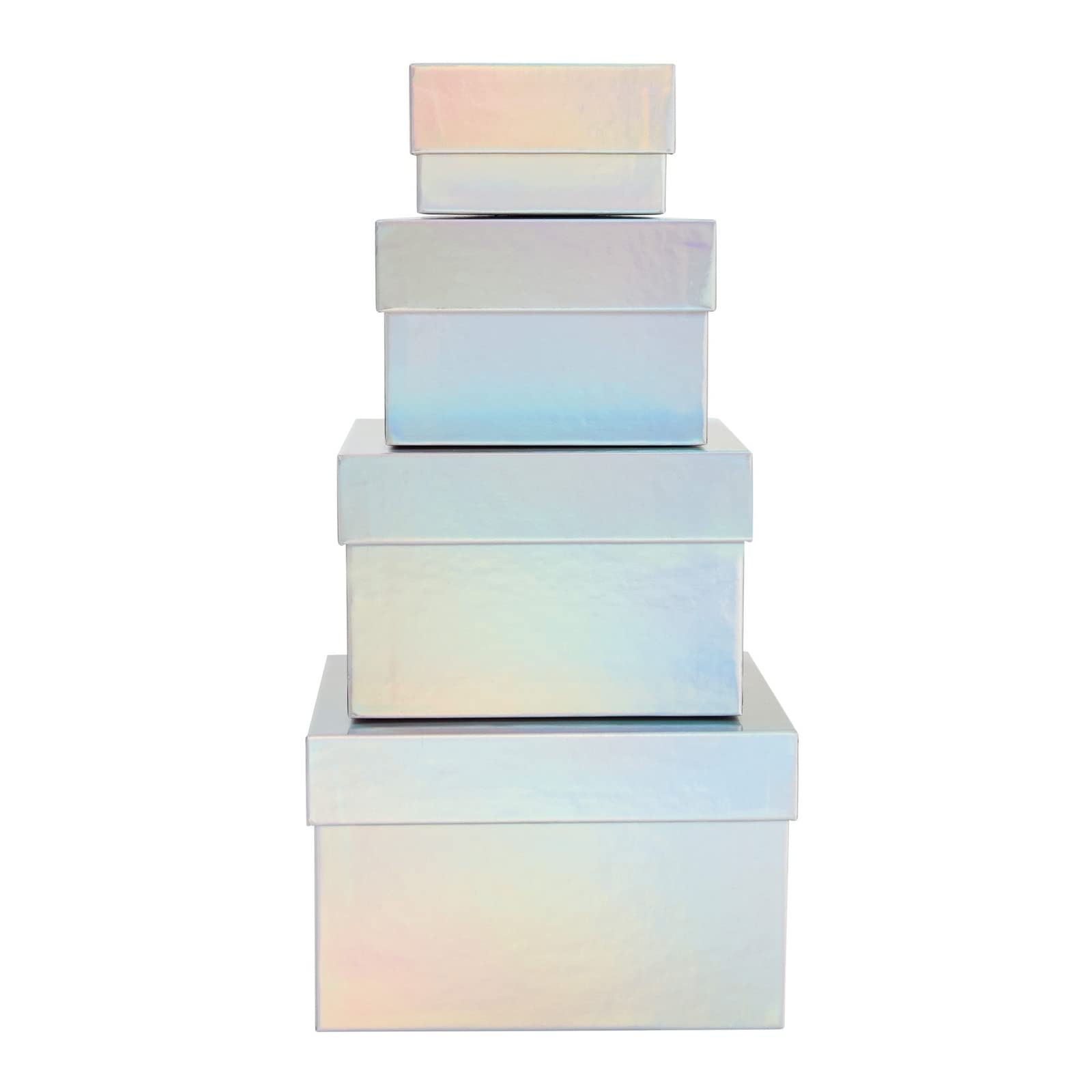 4 Pack Square Nesting Gift Boxes, Decorative Boxes with Lids in 4 Assorted Sizes for Wedding Reception, Bridal Shower, Baby Shower, Anniversary, Birthday Party Goodie Boxes (Holographic Silver)