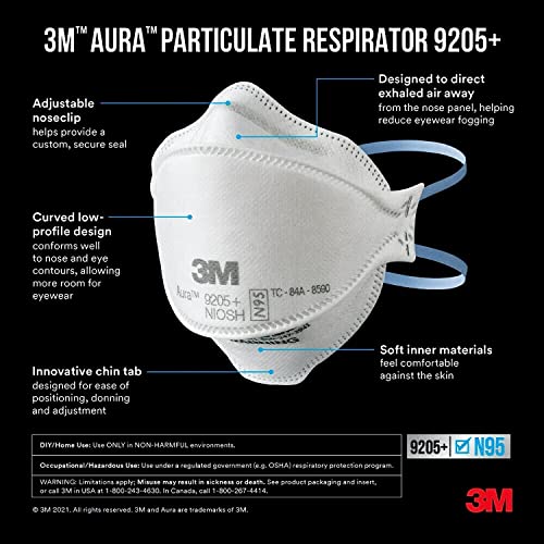 3M Aura Particulate Respirator 9205+ N95, Lightweight, 3 Panel Designed Helps Provide Comfortable and Convenient Respiratory Protection, 3-Pack