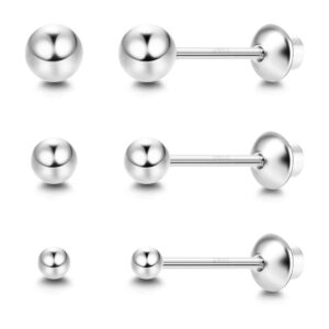 sllaiss 3 pairs ball stud earrings screw back 925 sterling silver cartilage earrings stud 14k gold plated tiny screwback earrings for women 2mm-4mm (silver)