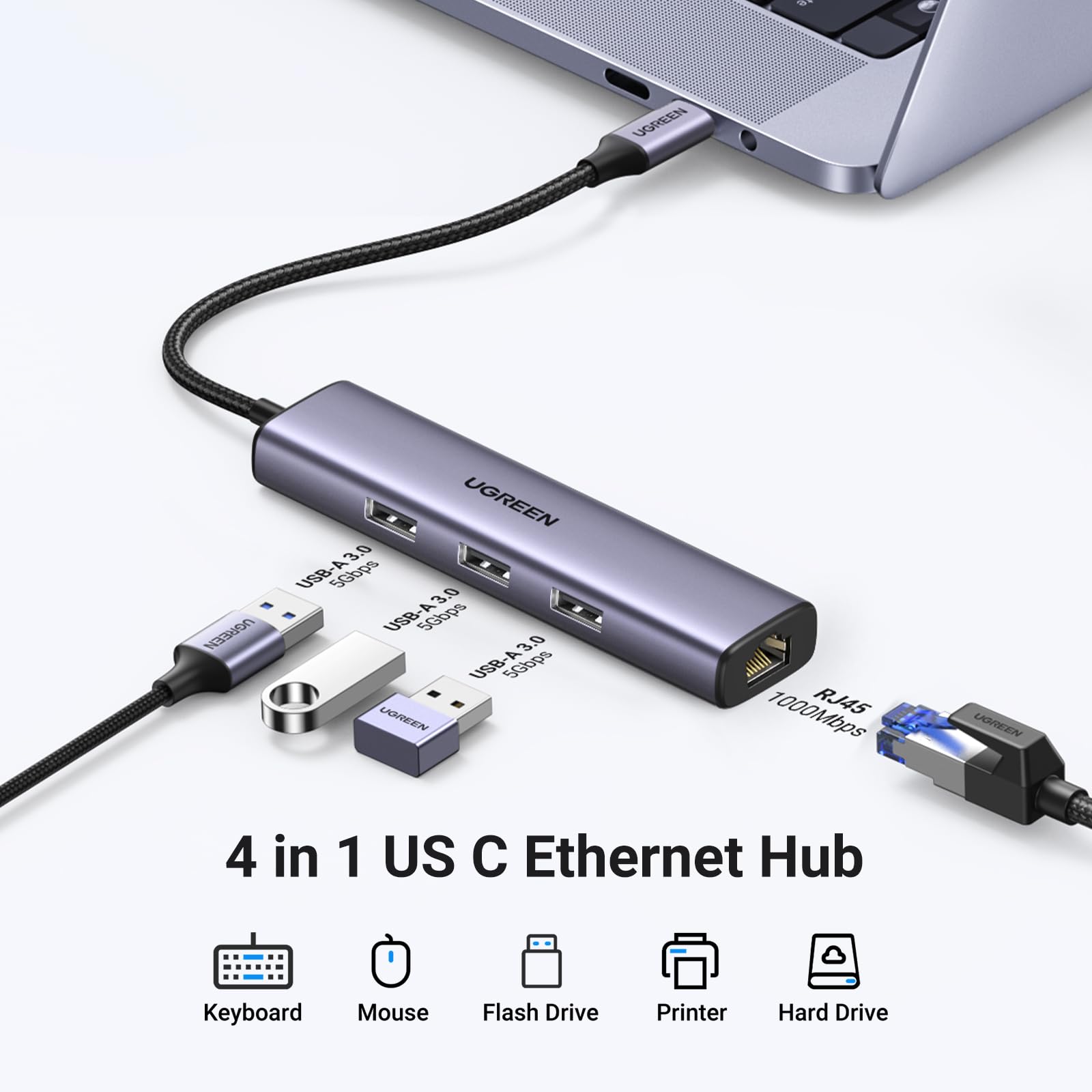 UGREEN USB C to Ethernet Adapter, 4 in 1 USB C Hub Ethernet with 3 USB 3.0 Ports/Gigabit Rj45, Plug & Play, Thunderbolt (3/4) to Network Adapter for MacBook Pro/Air, XPS, iPad Pro, iPhone 15 Pro/Max