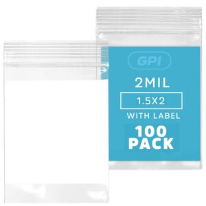 gpi pack of 100 1.5" x 2" clear plastic reclosable zip jewelry bags - bulk 2 mil thick strong & durable poly baggies with resealable zipper top lock & write-on white block, for storage & shipping