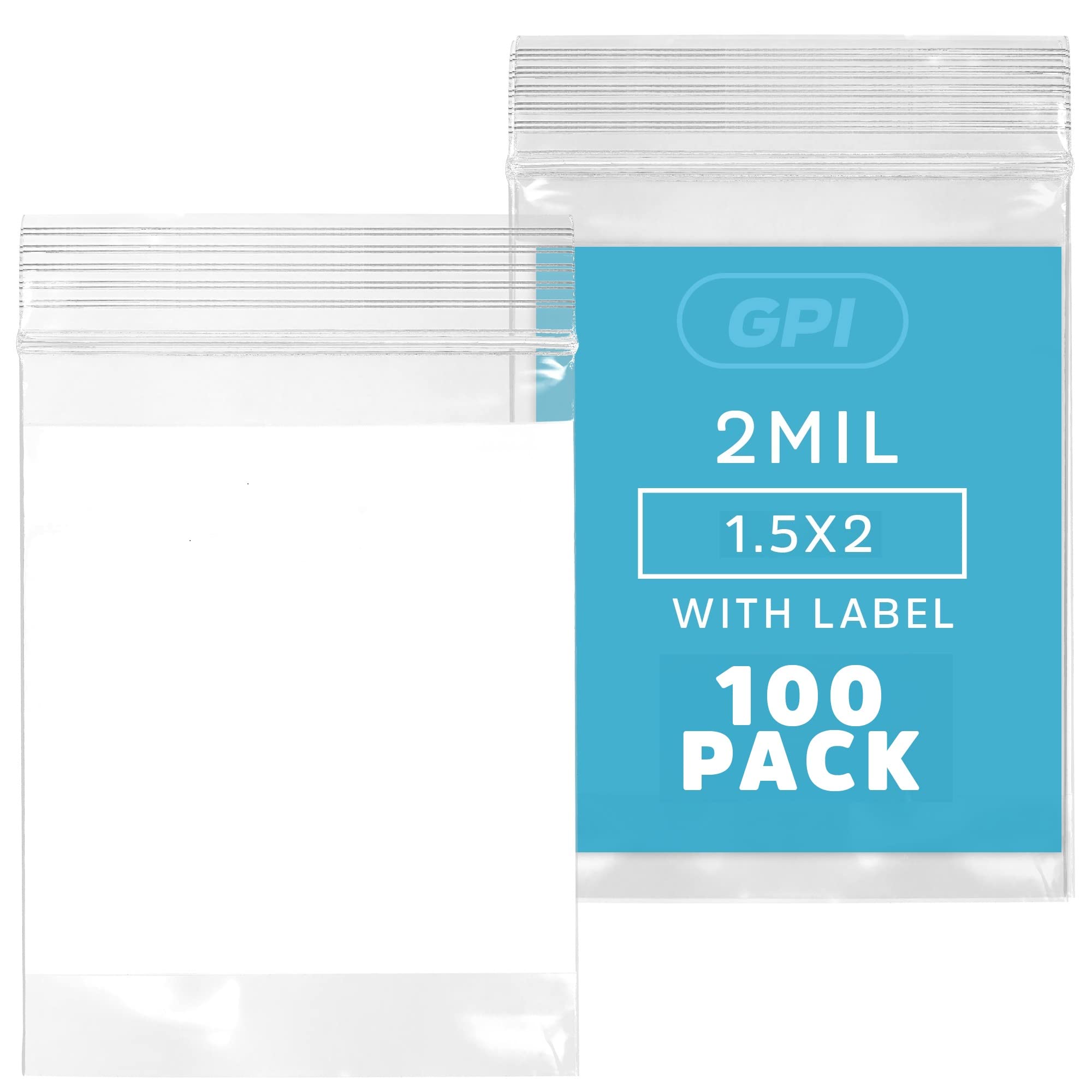 GPI Pack of 100 1.5" x 2" CLEAR PLASTIC RECLOSABLE ZIP JEWELRY BAGS - Bulk 2 mil Thick Strong & Durable Poly Baggies With Resealable Zipper Top Lock & write-on white block, for storage & shipping