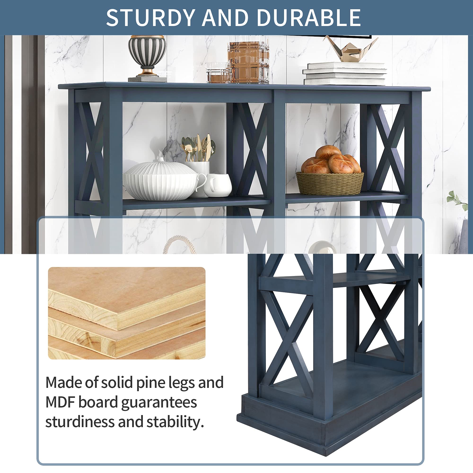 LUMISOL Narrow Industrial Console Table with 3 Tier Shelves, Entryway Table with X-Shape-Design Bookshelf, Sofa Table with Storage for Entryway, Navy Blue