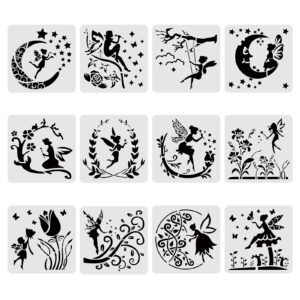 BENECREAT 12PCS Plastic Drawing Templates 12x12 Inches Angel & Fairy Moon Flowers Pattern Painting Template Stencil for Scrabooking Card Making, DIY Wall Floor Decoration