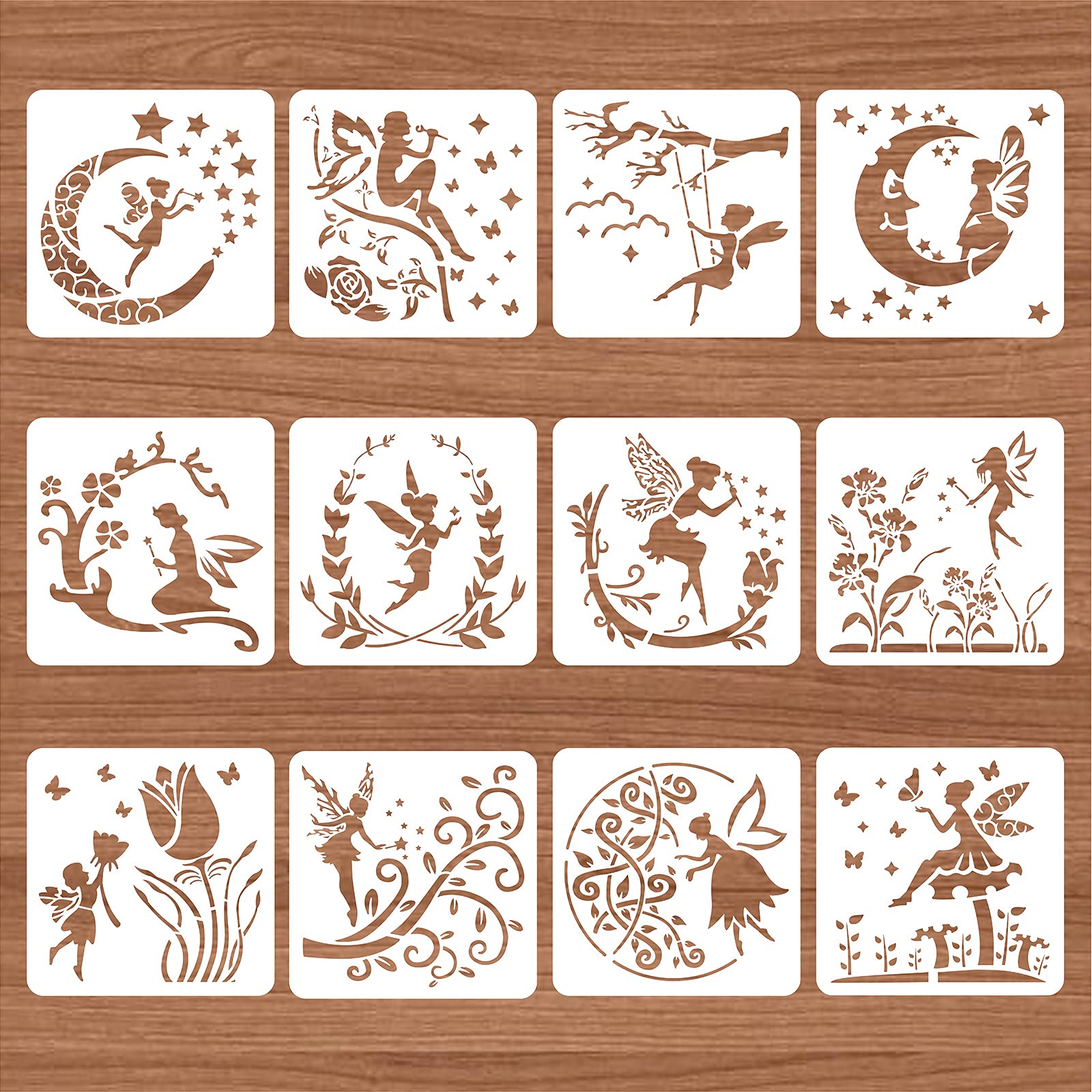 BENECREAT 12PCS Plastic Drawing Templates 12x12 Inches Angel & Fairy Moon Flowers Pattern Painting Template Stencil for Scrabooking Card Making, DIY Wall Floor Decoration