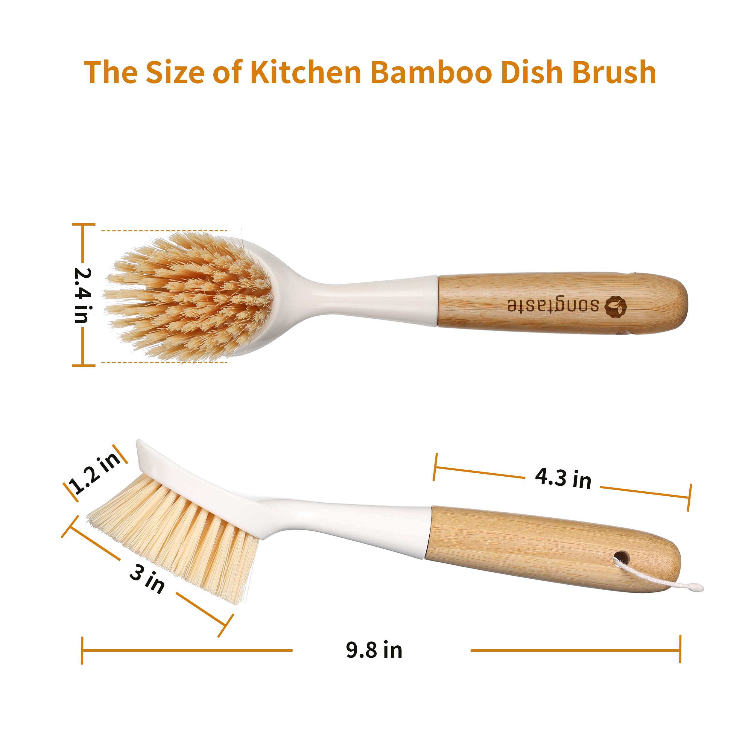 2 Pack Kitchen Dish Brush Bamboo Handle Dish Scrubber Built-in Scraper, Scrub Brush for Pans, Pots, Kitchen Sink Cleaning, Dishwashing and Cleaning Brushes are Perfect Cleaning Tools, White