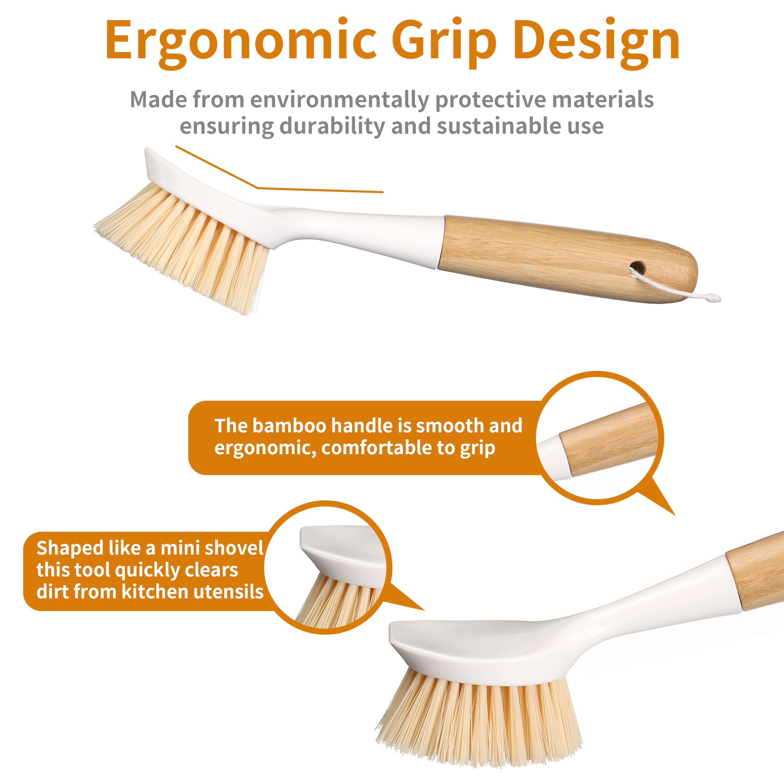 2 Pack Kitchen Dish Brush Bamboo Handle Dish Scrubber Built-in Scraper, Scrub Brush for Pans, Pots, Kitchen Sink Cleaning, Dishwashing and Cleaning Brushes are Perfect Cleaning Tools, White