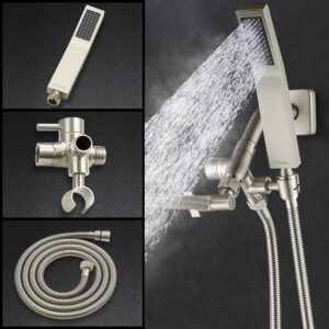 G-Promise All Metal 8" Dual Square Shower Head Combo | Rain Shower Head | Handheld Shower Wand | Adjustable | Smooth 3-Way Diverter | 71" Extra Long Hose - A Bathroom Upgrade (Brushed Nickel)