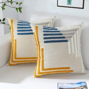 oirpro boho throw pillow covers 18x18 set of 2 neutral accent modern farmhouse blue and yellow pillow covers with embroidered geometric pattern decorative for couch bed living room outdoor