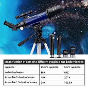 MAXLAPTER Telescopes for Astronomy, 16X-201X High Magnification Telescopes for Astronomy Beginners,70mm Aperture 400mm AZ Telescopes with FMC Optics for Kids Adults with Backpack,Phone Adapter,Tripod