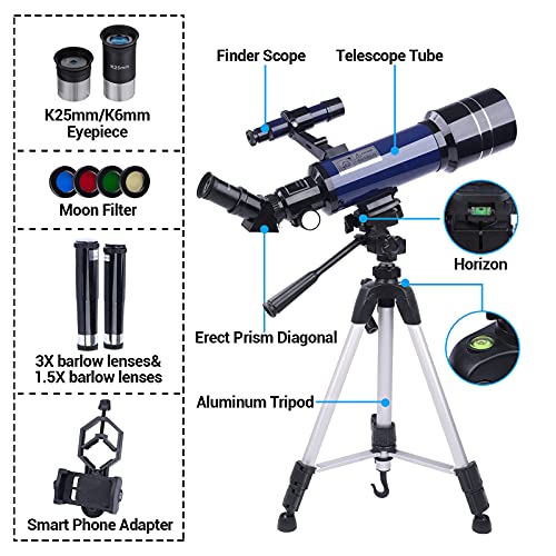 MAXLAPTER Telescopes for Astronomy, 16X-201X High Magnification Telescopes for Astronomy Beginners,70mm Aperture 400mm AZ Telescopes with FMC Optics for Kids Adults with Backpack,Phone Adapter,Tripod