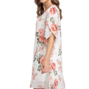 1stvital Women's Loose Chiffon Dresses Short V Neck Dress Cocktail Party Elegant Evening Dress Open Sleeve White&Red Floral,M Pink Flowers