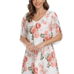 1stvital Women's Loose Chiffon Dresses Short V Neck Dress Cocktail Party Elegant Evening Dress Open Sleeve White&Red Floral,M Pink Flowers