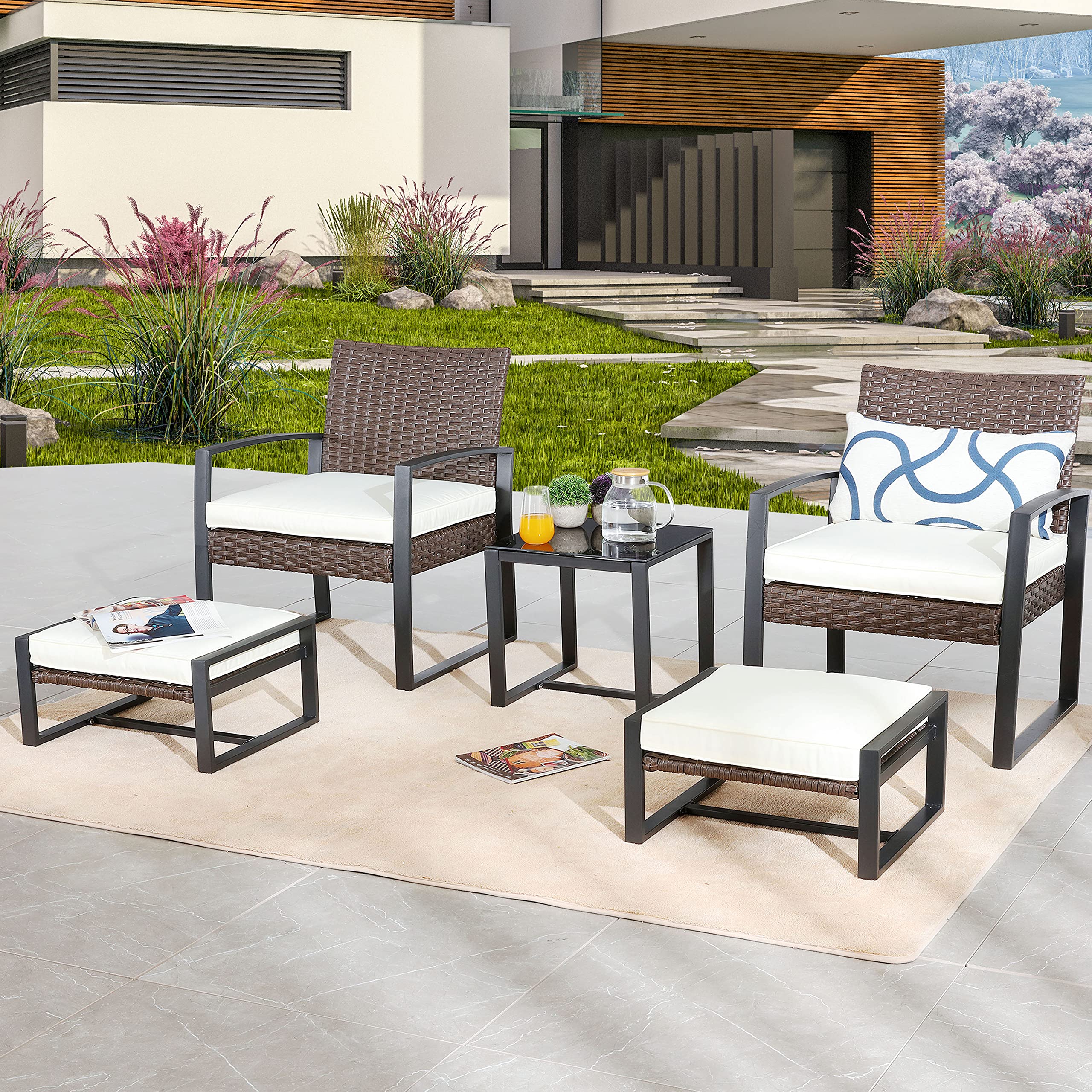 LOKATSE HOME Patio Conversation Set 5 Pieces Outdoor PE Wicker Rattan Sofa Furniture Cushioned Chairs and Ottomans with Tempered Glass Coffee Table, White