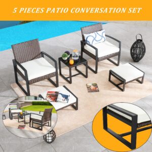 LOKATSE HOME Patio Conversation Set 5 Pieces Outdoor PE Wicker Rattan Sofa Furniture Cushioned Chairs and Ottomans with Tempered Glass Coffee Table, White