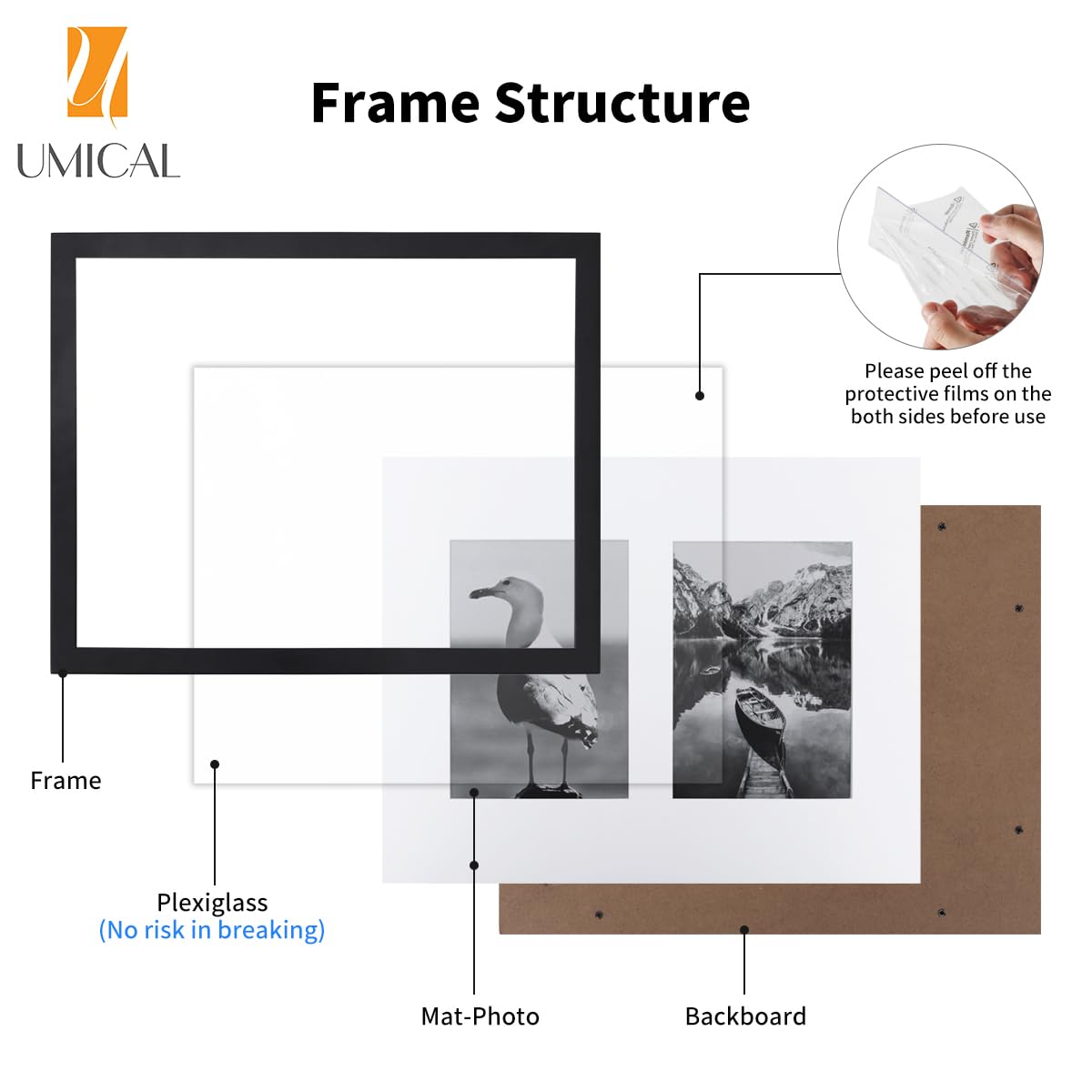 UMICAL 11x14 Picture Frame Black Wood Collage Photo Frames with HD Plexiglass and White Mat displays (2) 5x7 Pictures for Table Top Stand and Wall Mounting