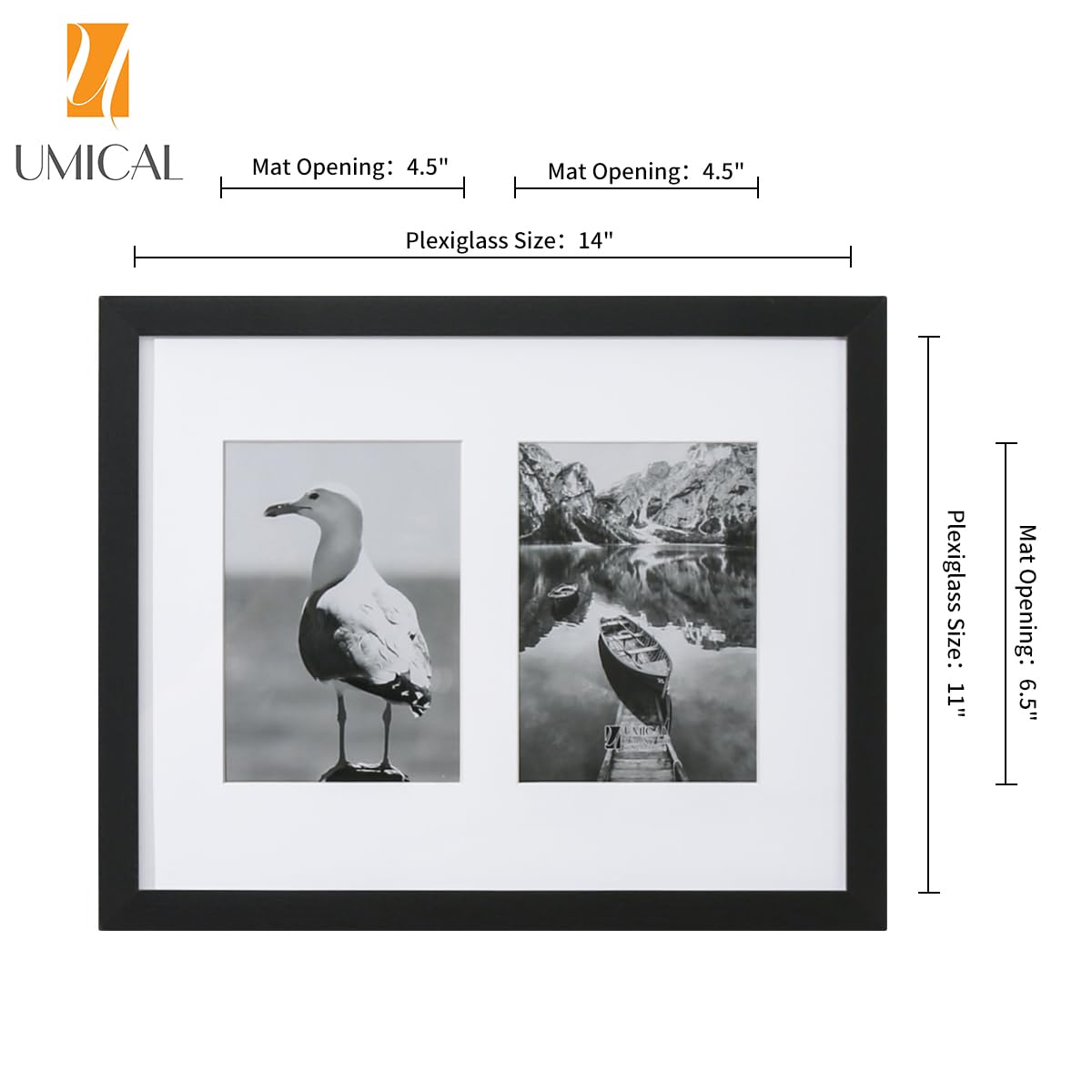 UMICAL 11x14 Picture Frame Black Wood Collage Photo Frames with HD Plexiglass and White Mat displays (2) 5x7 Pictures for Table Top Stand and Wall Mounting