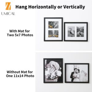 UMICAL 11x14 Picture Frame Black Wood Collage Photo Frames with HD Plexiglass and White Mat displays (2) 5x7 Pictures for Table Top Stand and Wall Mounting