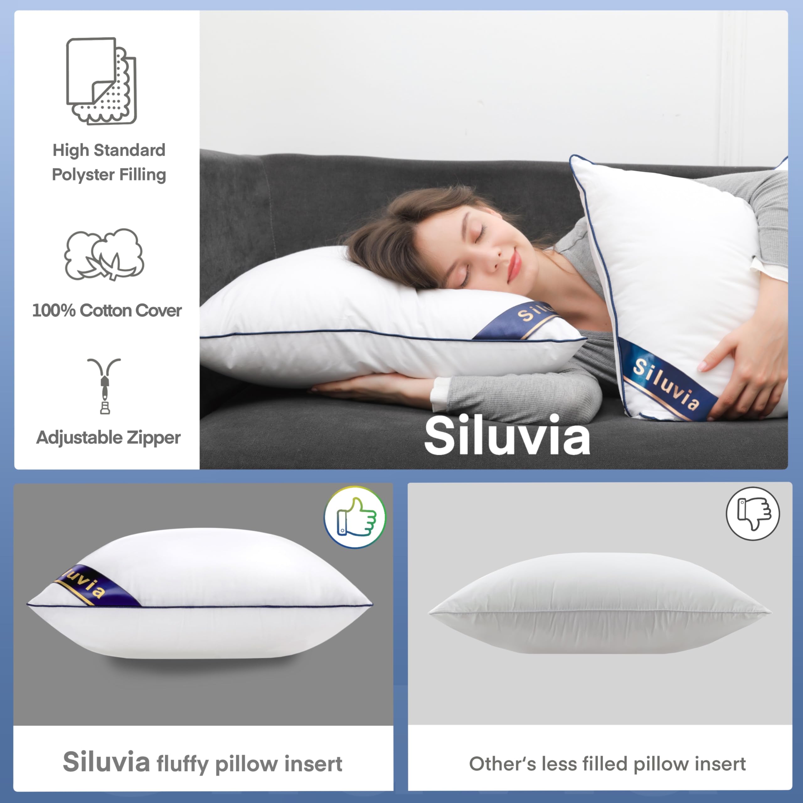 Siluvia 18"x18" Pillow Inserts Set of 2 Decorative 18" Pillow Inserts with 100% Cotton Cover Square Interior Sofa Throw Pillow Inserts Decorative White Pillow Insert Pair Couch Pillow