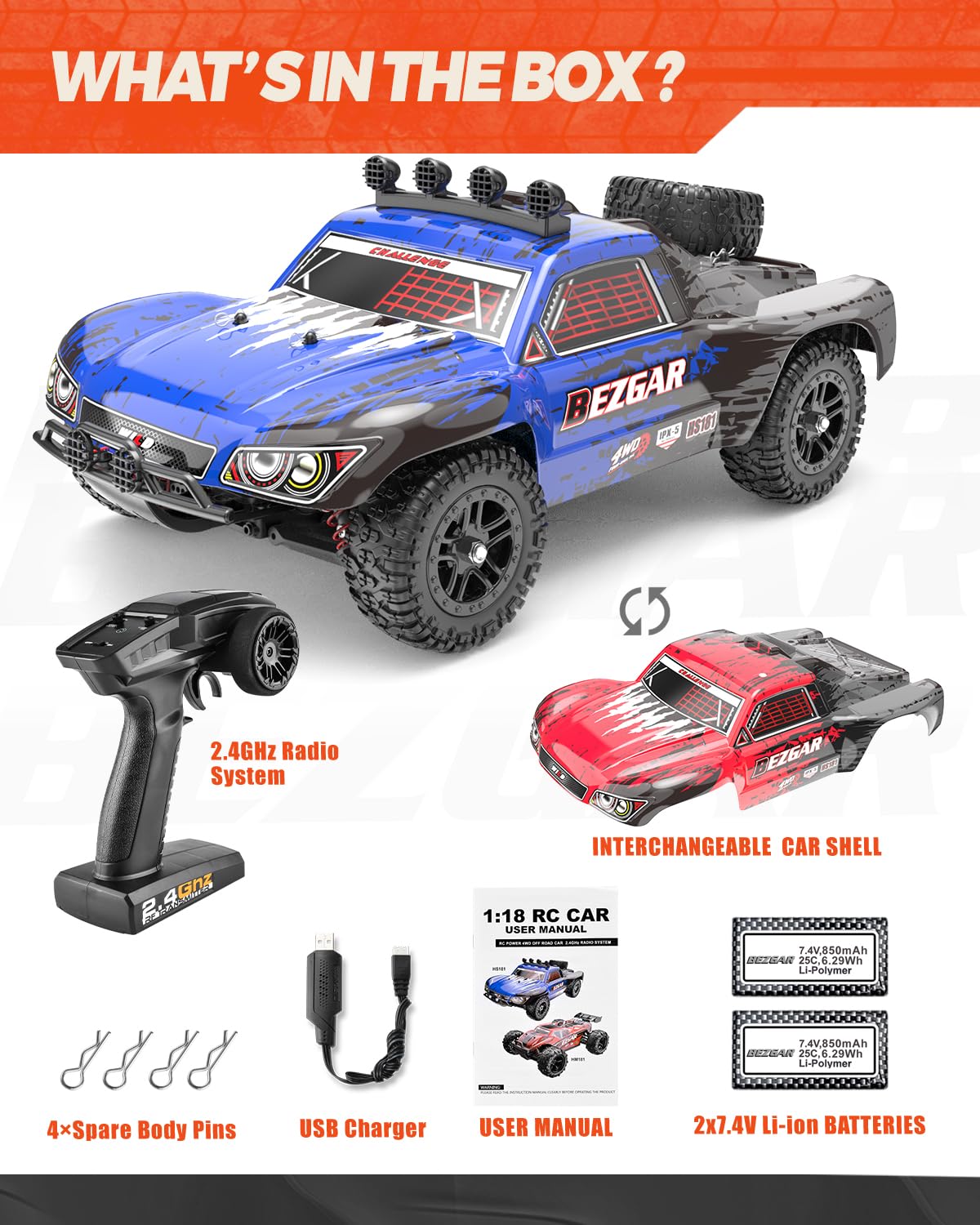 BEZGAR HS181 Hobby Grade 1:18 Scale Remote Control Trucks-4WD Top Speed 35 Km/h All Terrains Off Road Short Course Rc Truck,Waterproof RC Car with 2 Rechargeable Batteries for Kids and Adults