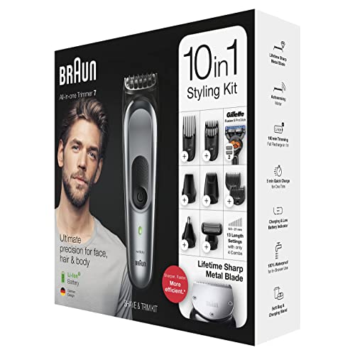 Braun Hair Clippers for Men, MGK7221 10-in-1 Body Grooming Kit, Beard, Ear and Nose Trimmer, Body Groomer and Hair Clipper, Black/Silver