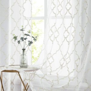 Urban Lotus Moroccan Semi Sheer Curtains 52 x 95 Inch Long Elegant Beige Geometric Lattice Embroidered Curtains for Bedroom Living Room White Linen Textured Sheer Window Draperies, Rod Pocket, 1 Pair