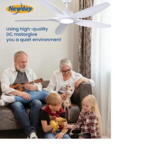 Newday 60" White Ceiling Fans with Light and Remote, Modern, Noiseless Reversible DC Motor, Large Indoor, Kitchen, Bedroom, Living Room