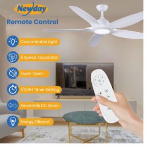 Newday 60" White Ceiling Fans with Light and Remote, Modern, Noiseless Reversible DC Motor, Large Indoor, Kitchen, Bedroom, Living Room