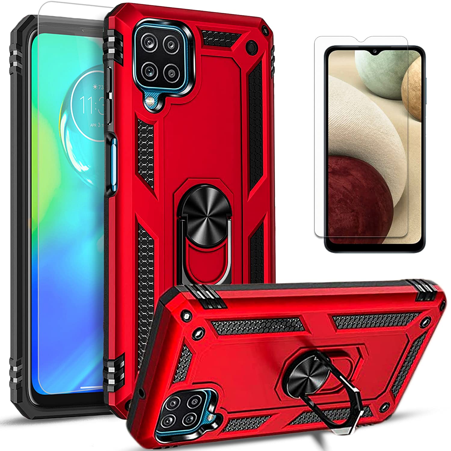 Galaxy A42 5G Case, Samsung A42 5G Phone Case with [Tempered Glass Screen Protector Included], STARSHOP Military Grade Shockproof Protective Dual Layer Phone Cover with Metal Ring Kickstand - Red